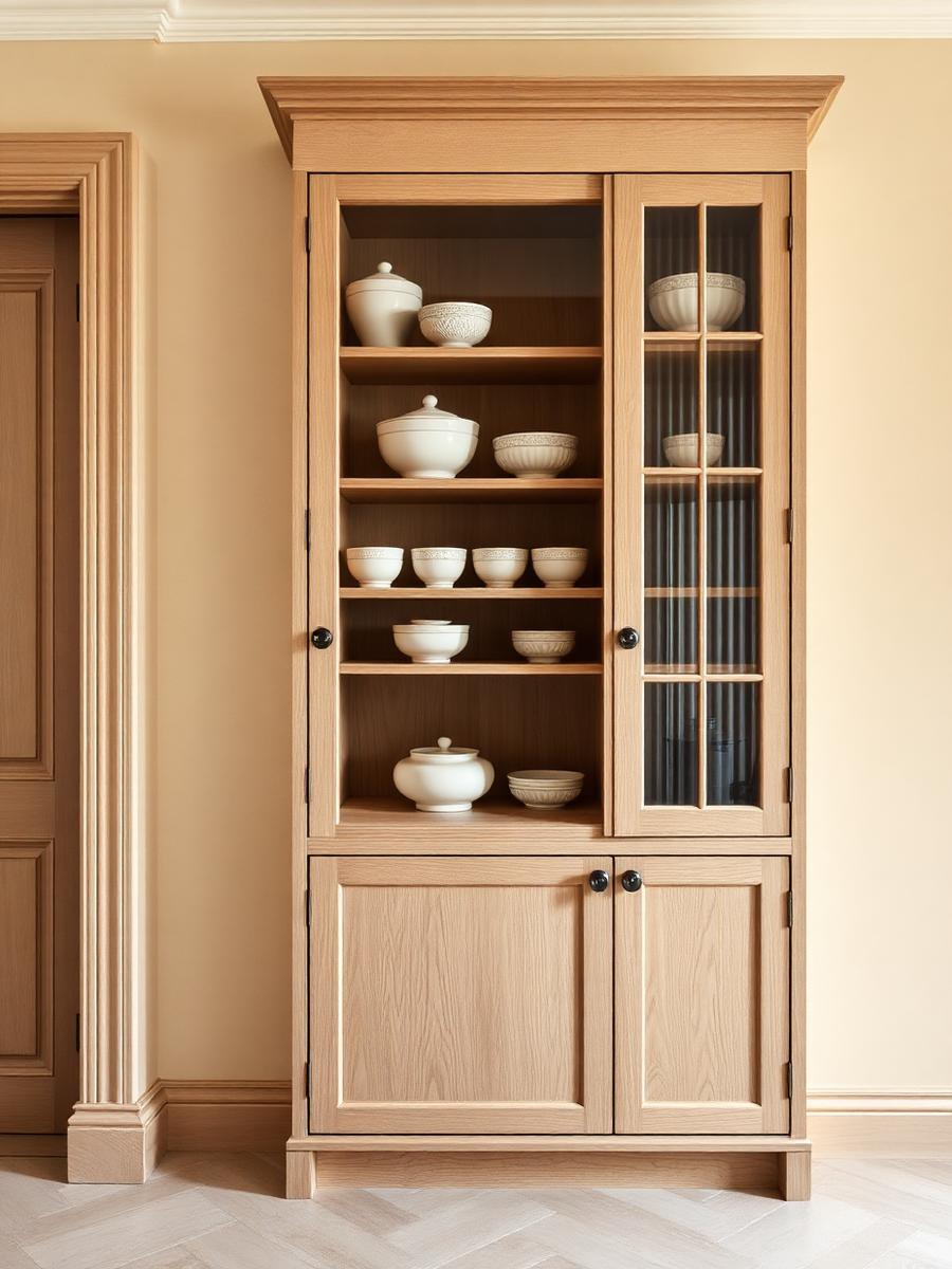 Tall bespoke pantry cabinet in pale oak with fluted glass doors