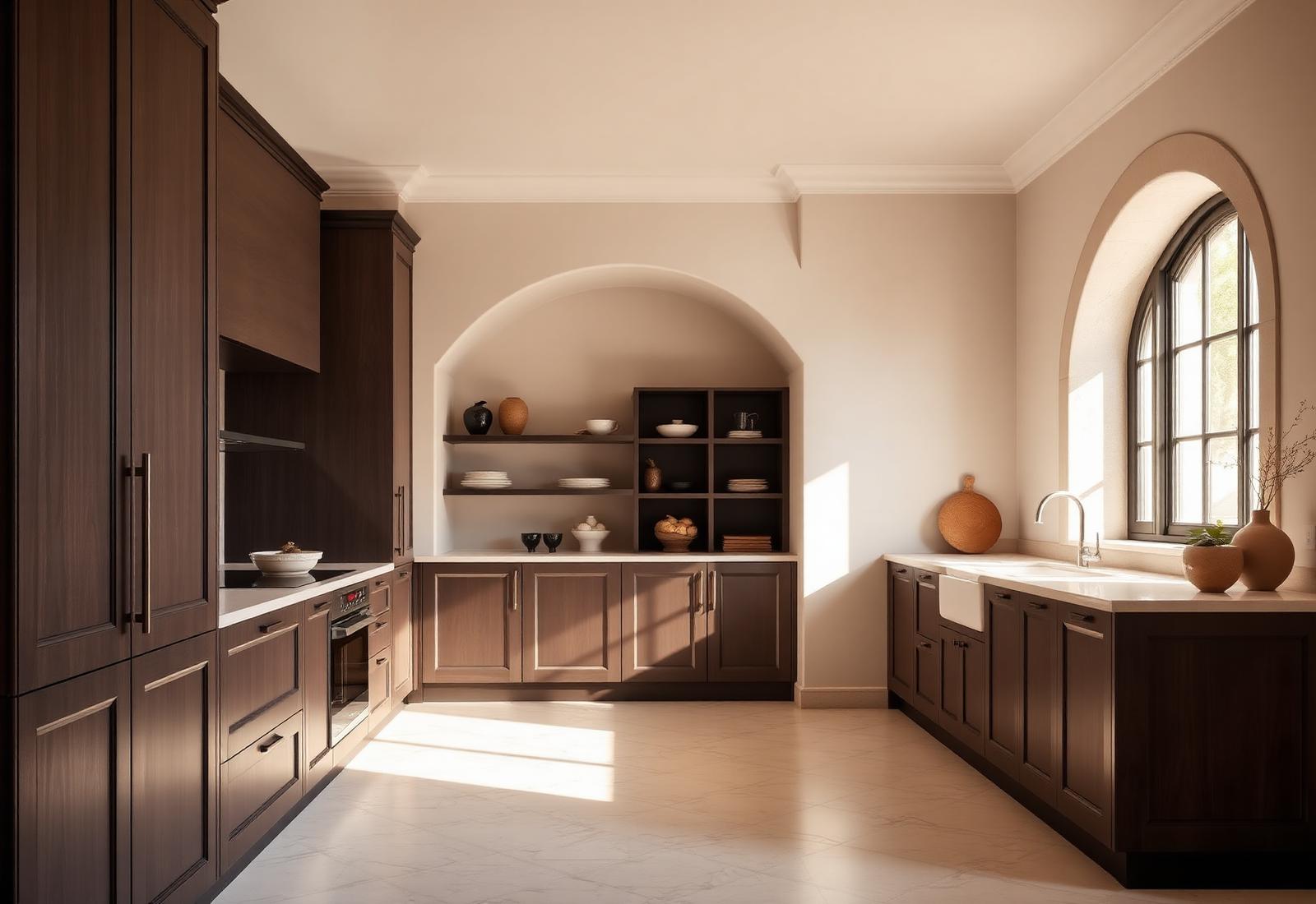 Kitchen with deep cocoa cabinetry, limestone floors and an arched plaster niche