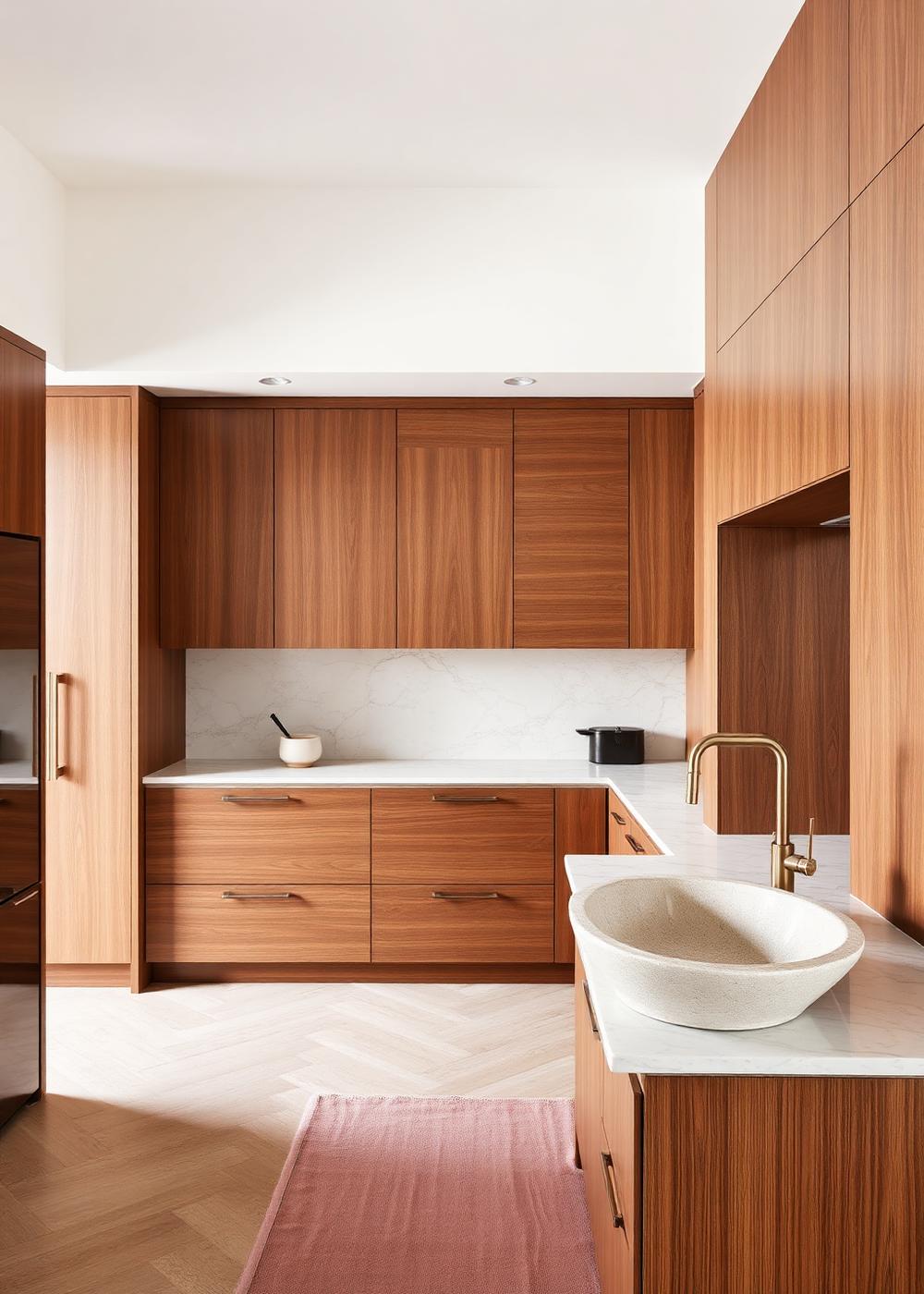 Corner with walnut millwork and a sculptural carved stone basin