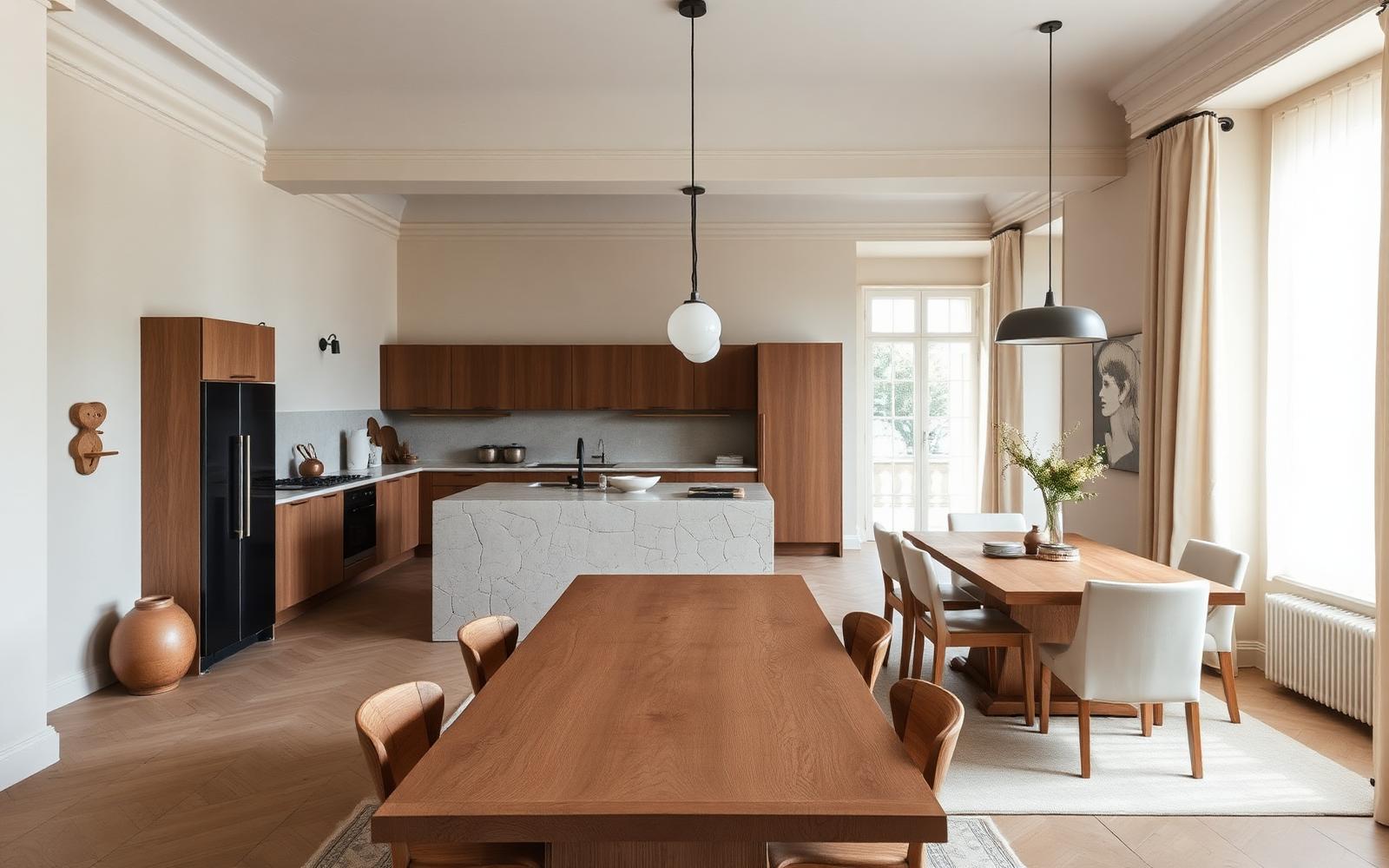 Open plan kitchen and dining room with a warm oak table and stone island